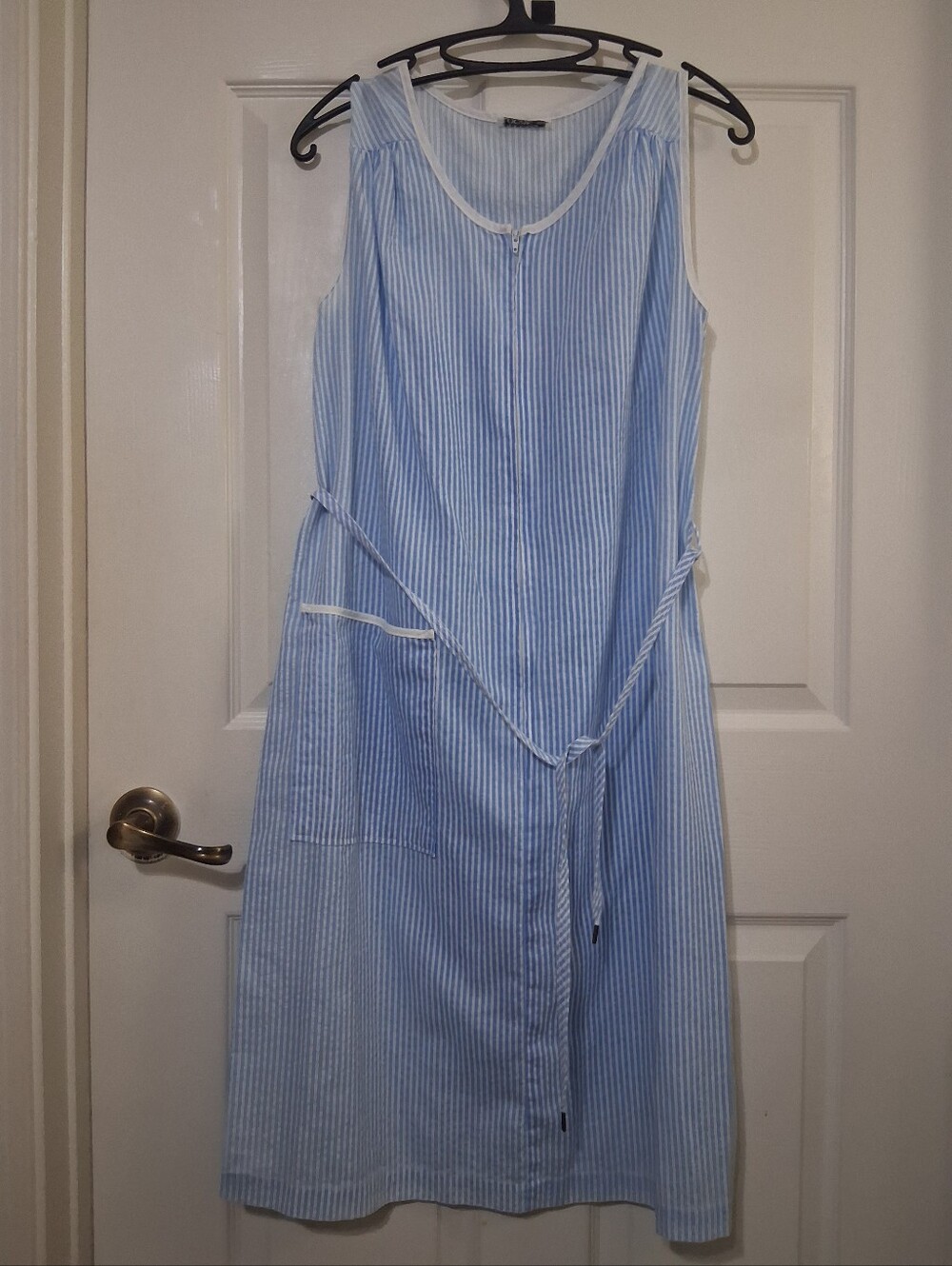 Light Blue Striped Sleeveless Womens Summer House Dress